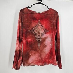 Vintage y2k Top Red Tie Dye Flare Sleeve Beaded Boho Whimsigoth Art to Wear Sz S